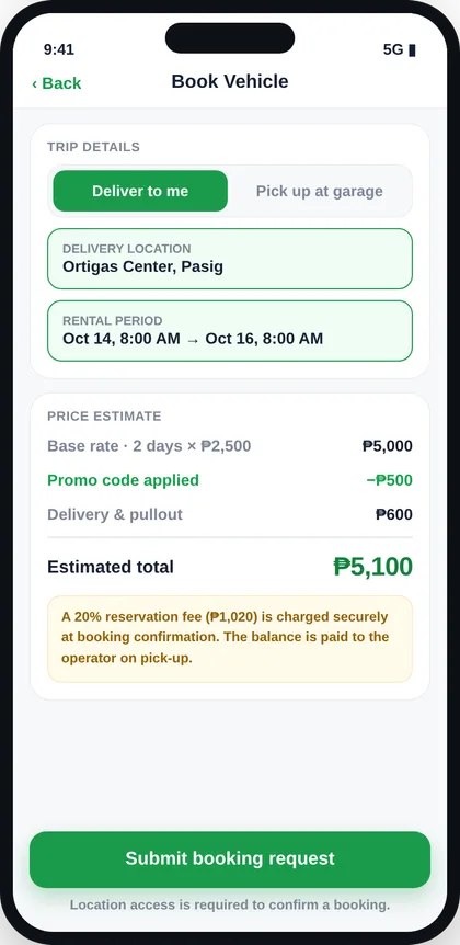 Booking summary with price estimate